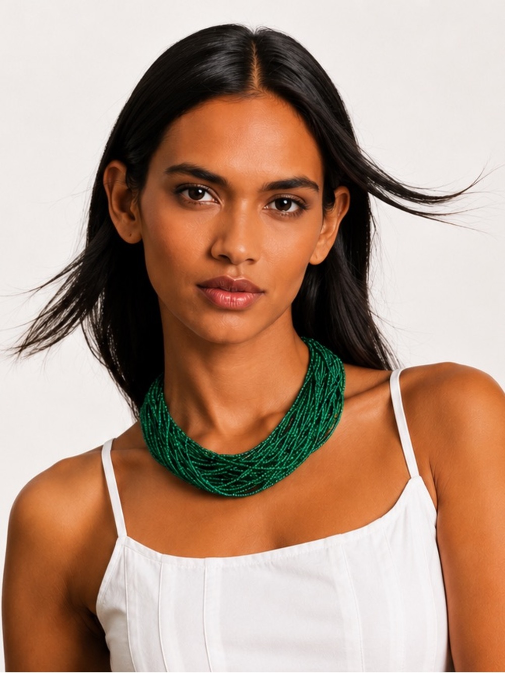 Boho Green Multi Strand Beaded Necklace Crochet Bib Statement Artisan Laos
